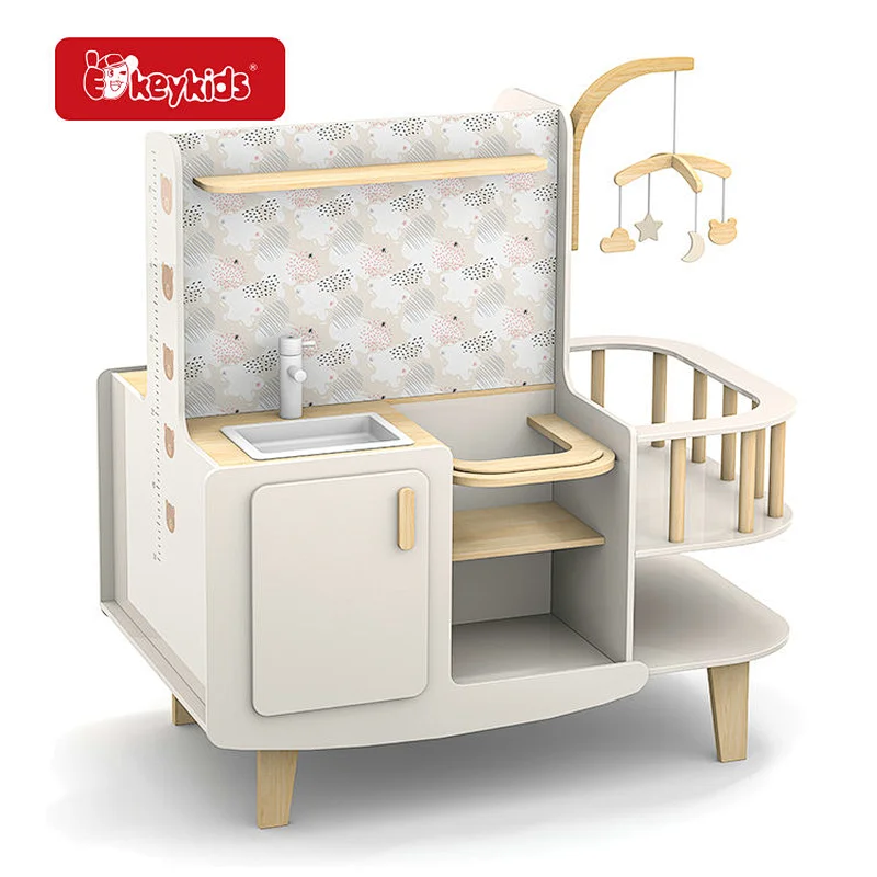 Wooden Baby Doll Changing Table with Crib,Pretend Play Nursery Station,Role Play Doll Care Play Set with Sink and StorageW08E052